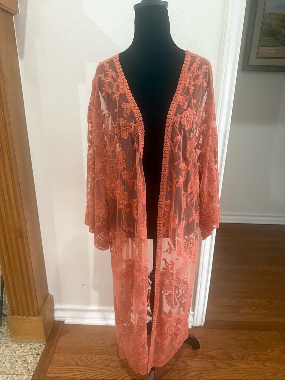 She + Sky Coral Embroidered Sheer duster